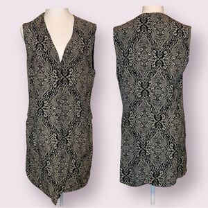 Vintage 80s Long Sleeveless Vest Nipon Studio Paisley Boho Print Black Tan 12